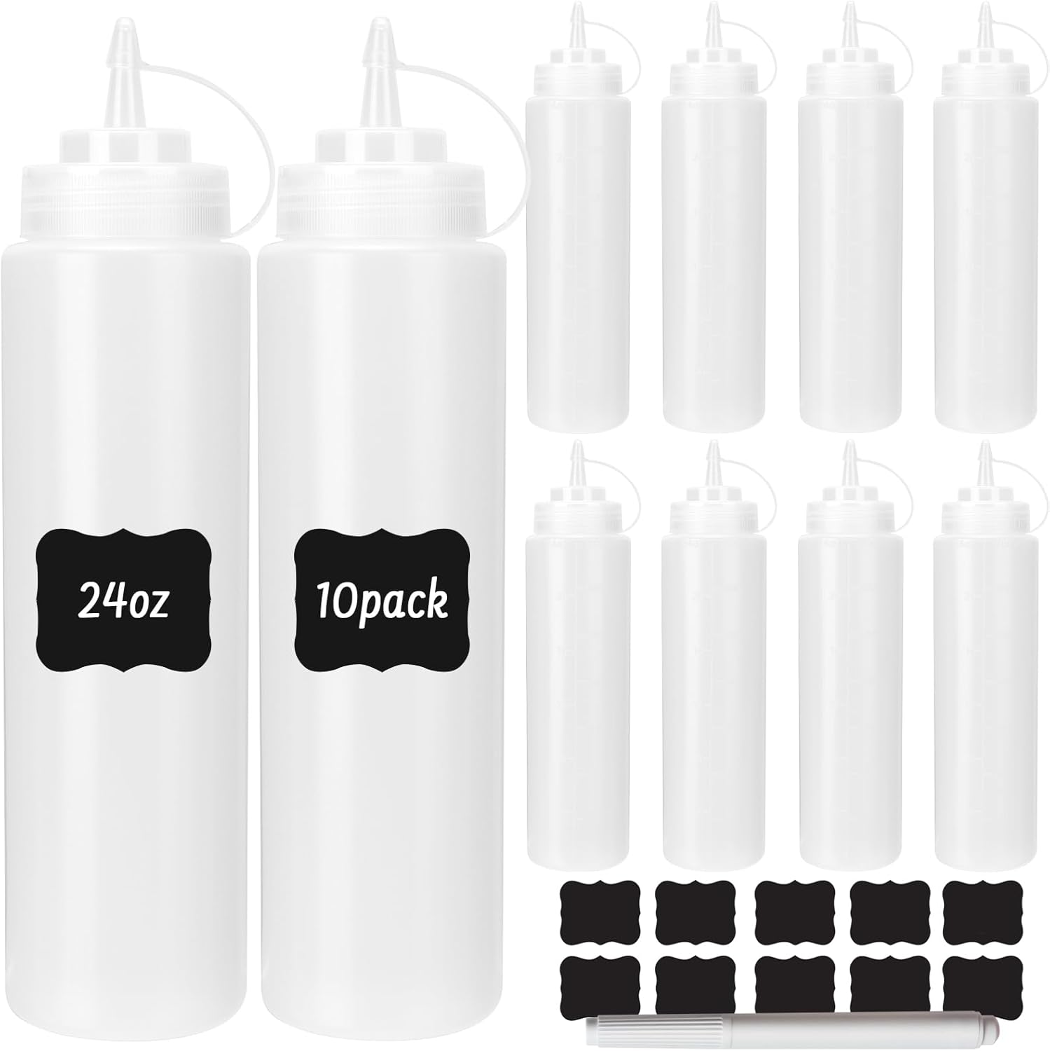 DHSBTLS 24 oz Plastic Squeeze Bottles, 10 Pack Clear Condiment Squeeze Bottles with Tethered Caps, Ketchup Bottles for Sauces, Perfect for Condiments, Oil, Icing, Liquids, with 10 Stickers and 1 Pen