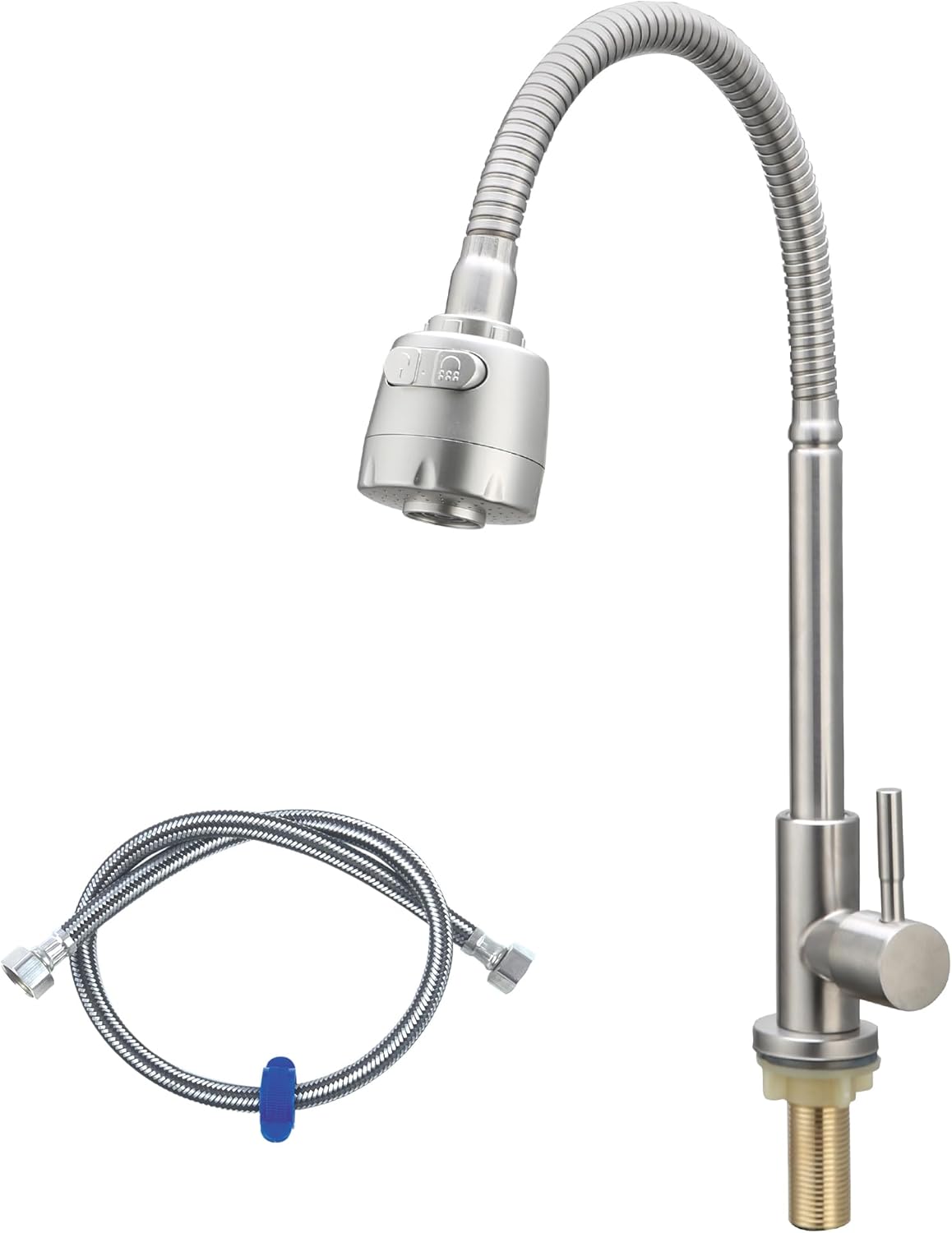 Cold Water Only Faucet Bendable Flexible Neck Kitchen Sink Faucet with Sprayer Aerator Lead-Free Single Handle SUS304 Stainless Steel Deck Mount Sink Bar Tap with One 80CM Long Hose | Brushed Nickel