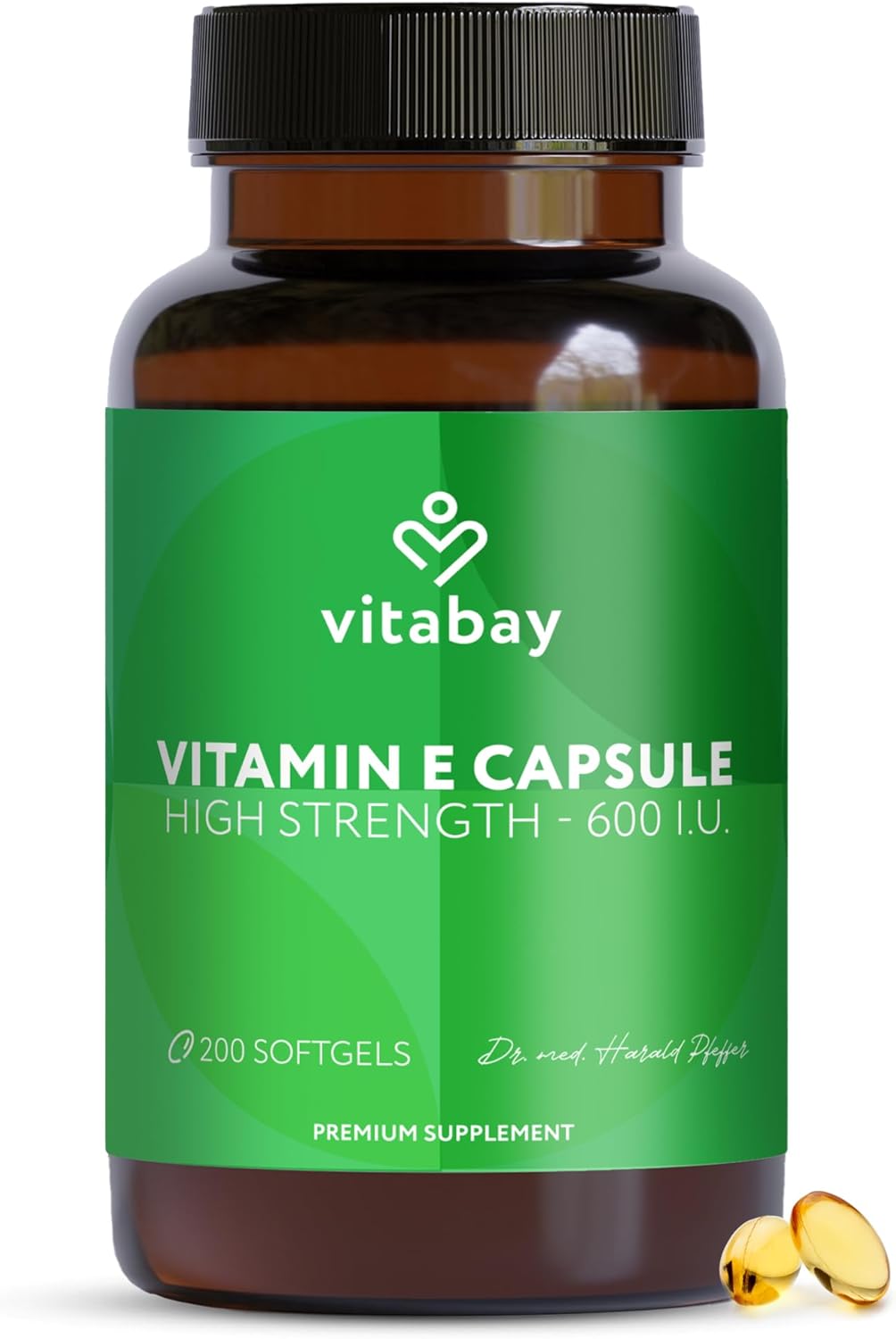 Vitabay Vitamin E 600 IU (400 mg) - 200 Vegan & High-dose Softgels - Time-Release Vitamin E Supplement - with Tocopherol from Soybean Oil (80%) and Tocotrienol - Laboratory Tested