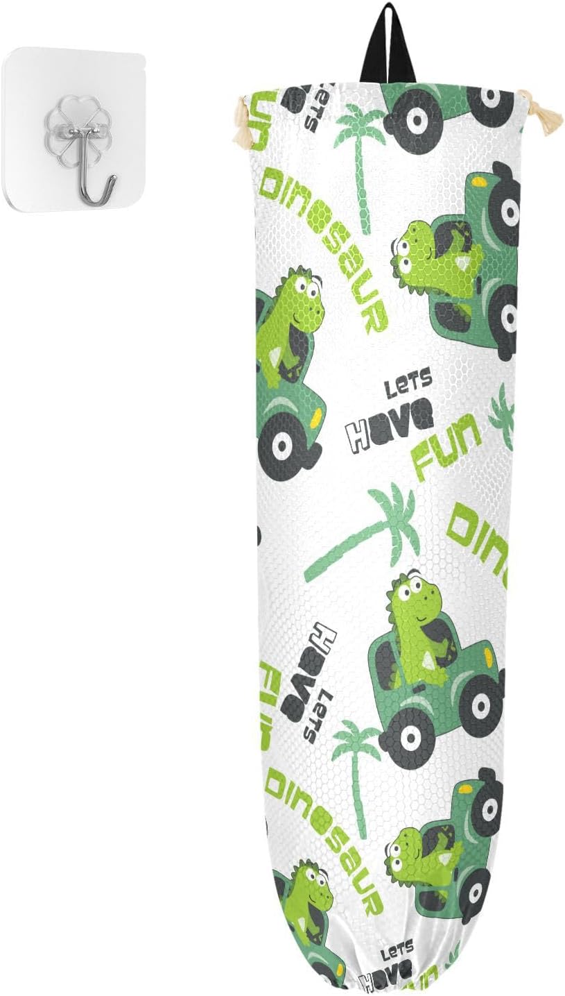 FRODOTGV Cute Dinosaur Driving Car Coconaut Tree Plastic Grocery Bag Holder Reusable Bag Organizer Plastic Wall Mount Organizer Grocery Bag Holder for Plastic Bags for Home
