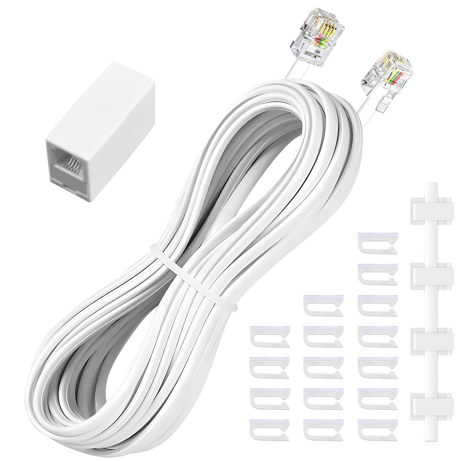 Phone extension Cord 25 Ft, Telephone Cable with Standard RJ11 Plug and 1 in-Line Couplers and 20 Cable Clip Holders, White