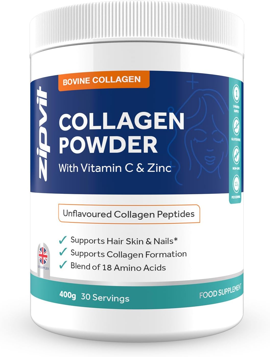 Zipvit Collagen Peptides Powder with Vitamin C & Zinc. Supports Hair, Skin, & Nails. Bovine Collagen with High Levels of 18 Essential Amino Acids. UK Supplier