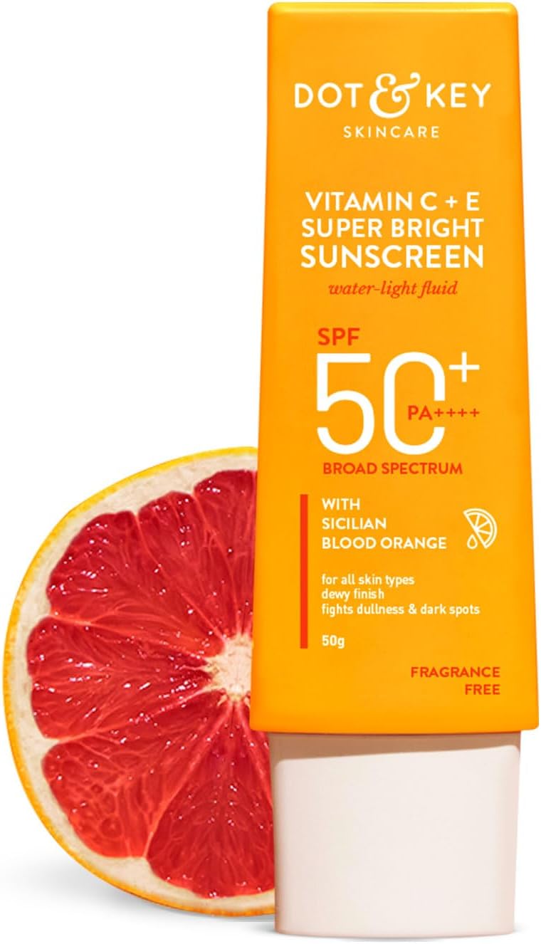 DOT & KEY Vitamin C + E Super Bright Sunscreen Spf 50 Water-Light,UVA/UVB & Blue Light Protection|For Even Toned & Glowing Skin|With Liquid Spf 50+++| No White Cast| For All Skin Types| 50G,Pack Of 1