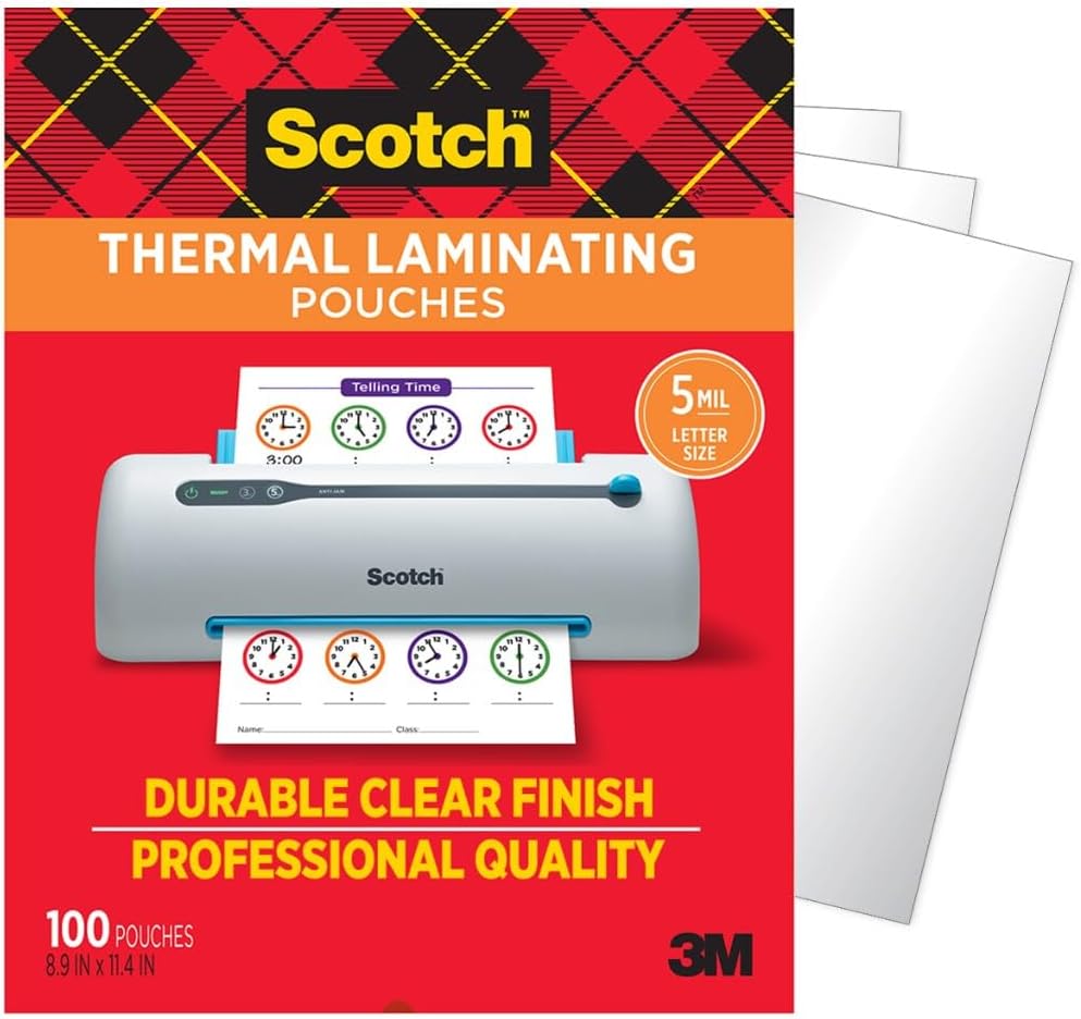 Scotch Thermal Laminating Pouches, 100 Count, Clear, 5 mil., Laminate Homemade Ornaments, Christmas Banners and Gift Tags, Ideal Holiday Supplies, Fits Letter Sized (8.9 in. × 11.4 in.) Paper