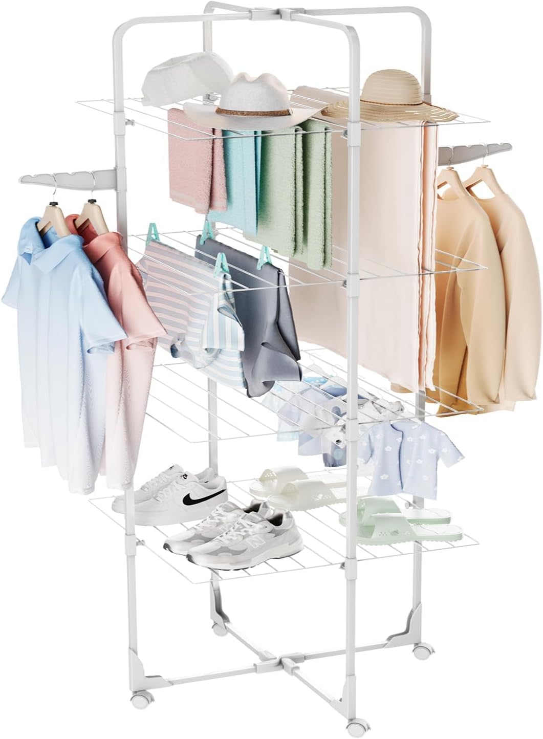 Bigzzia Clothes Drying Rack Foldable, 4 Tier 48 Rods Large Laundry Drying Rack, Indoor/Outdoor Movable Tower Drying Rack Clothing, Easy to Use, Space-Saving, White