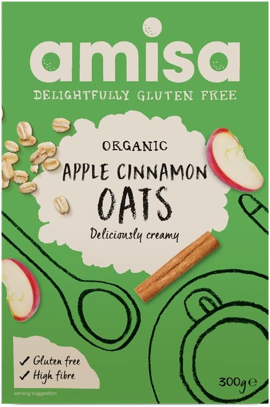 Amisa Organic Gluten-Free Pure Porridge Oats Apple & Cinnamon, 300g - High in Fibre & Gluten Free - The Perfect Breakfast Cereal