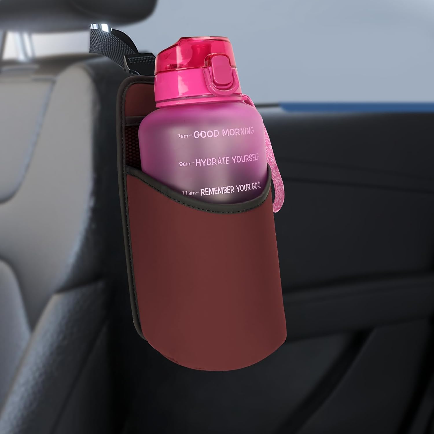 Linkidea Extra Large Car Seat Side Water Bottle Holder Compatible with Yeti Rambler Bottle 64oz, Hydro Flask 64oz, EYQ 64oz/128oz, Auto Seat Large Car Cup Hanging Bag with Mesh Pocket, Red
