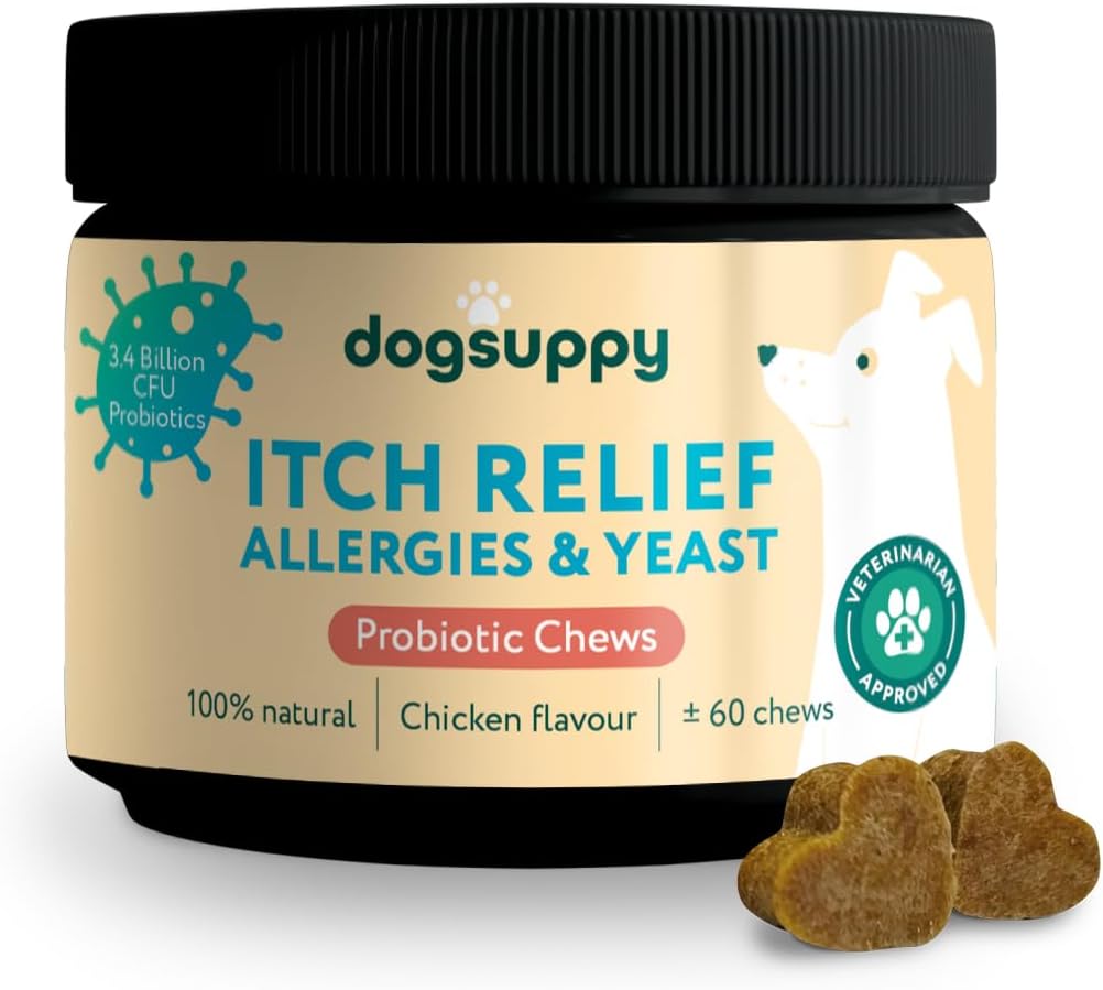DogSuppy Itch Relief Probiotics for Dogs - Stop Scratching & Paw Licking, Relieve Allergies & Yeast - Supplement for Dogs, 100% Natural, Bonus Dental Sticks Included, Chicken Flavour