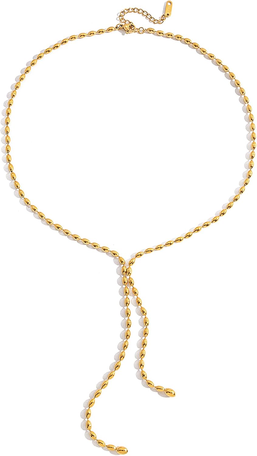 Simple Necklace for Women Y Shaped Beaded Chain Long Necklace Adjustable Statement Jewelry