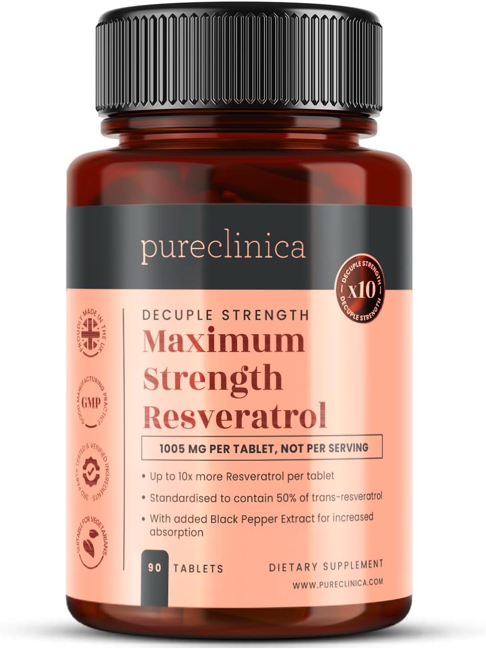 1000mg Resveratrol x 90 Tablets (3 Months’ Supply). 10 x Strength w/Black Pepper Extract