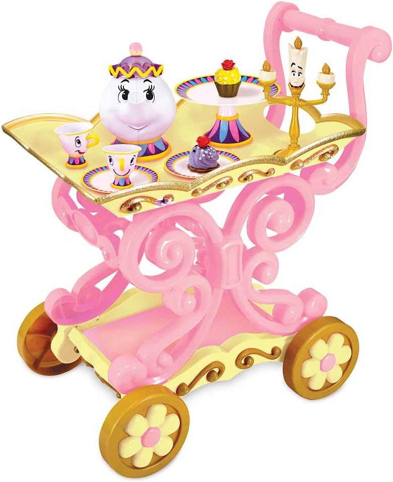Disney Store Girl's Beauty and The Beast Tea Cart Set – Includes Lumiere, Mrs Potts, Chip, Cake with Plate & Server – Disney Princess Toys, with Singing Lumiere & Bubbling Tea Effect - Medium