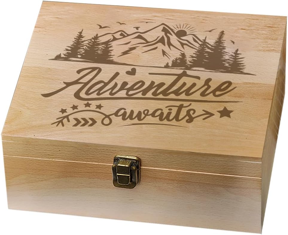 arricraft 1 Pc Wooden Memory Keepsake Box, Adventure Awaits Memory Box with Hinged Lids Keepsake Chest for Souvenirs Picture Letter Storage 9.6x7.6x4inch(24.5x19.5x10.3cm)