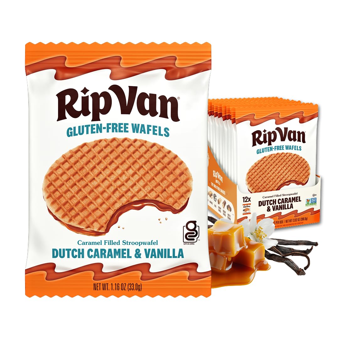 Rip Van Wafels Gluten-Free Stroopwafel - Dutch Caramel & Vanilla Stroopwafels Healthy Snacks Non-GMO Low Sugar (6g) Calorie, 12 Count