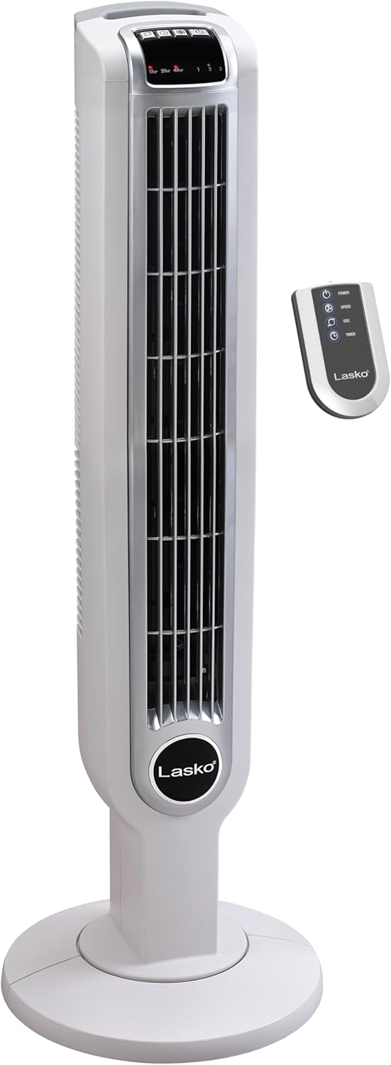 Lasko Oscillating Tower Fan with Remote Control, 3 Quiet Speeds, Timer for Bedroom, Kitchen, Office Use, White, 36" 2511