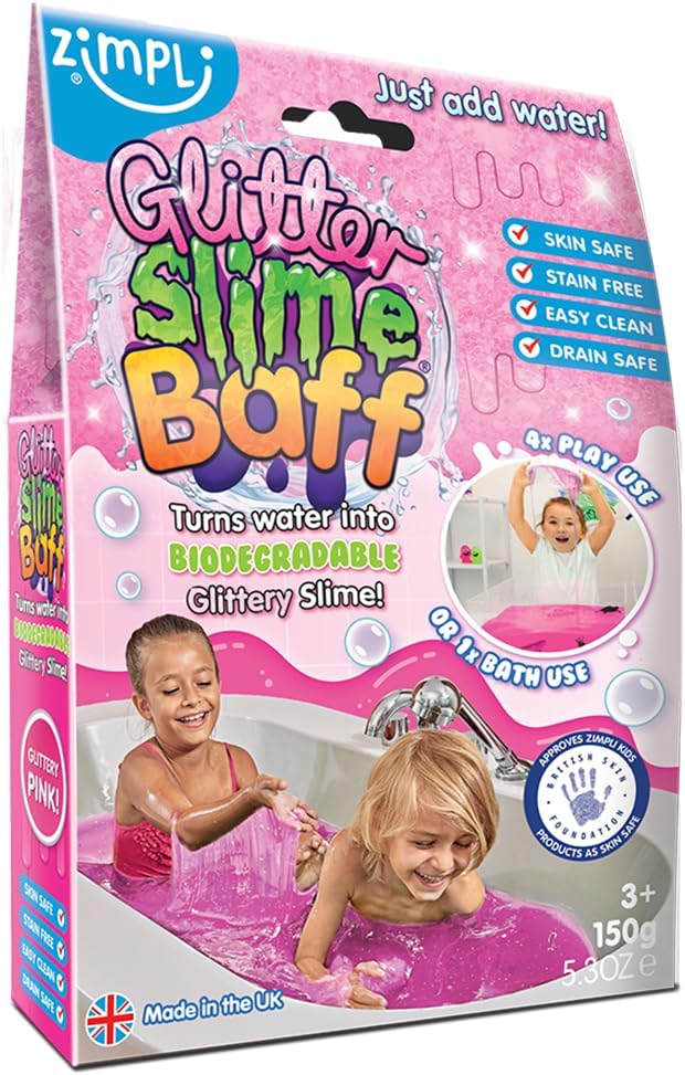 Zimpli Kids Glitter Slime Baff Pink, 1 Bath or 4 Play Uses, Magically turns water into gooey, glittery slime, Children's Party Bag Favours, Slime Kits for Girls, Slime Making Kit, Bath Toy