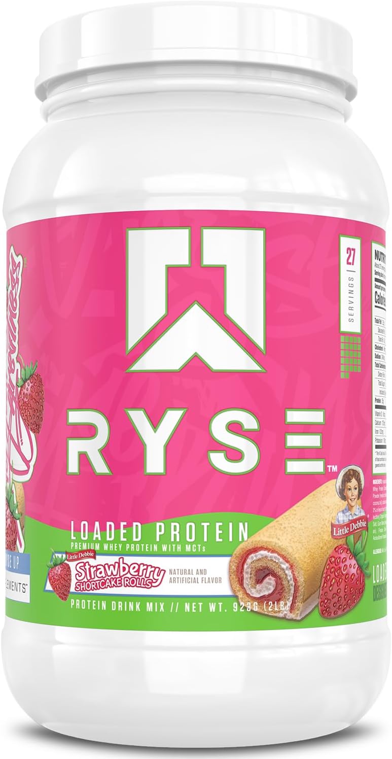 RYSE Loaded Protein Powder - Little Debbie Strawberry Shortcake Rolls - 25g Whey Protein Isolate & Concentrate with Prebiotic Fiber & MCTs - Low Carb & Low Sugar - 27 Servings / 2 lb Tub
