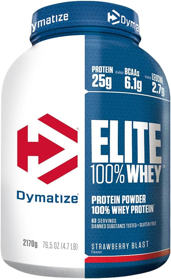 Dymatize Elite 100% Whey Strawberry Blast 2170g - High Protein Low Sugar Powder + Whey Protein and BCAAs