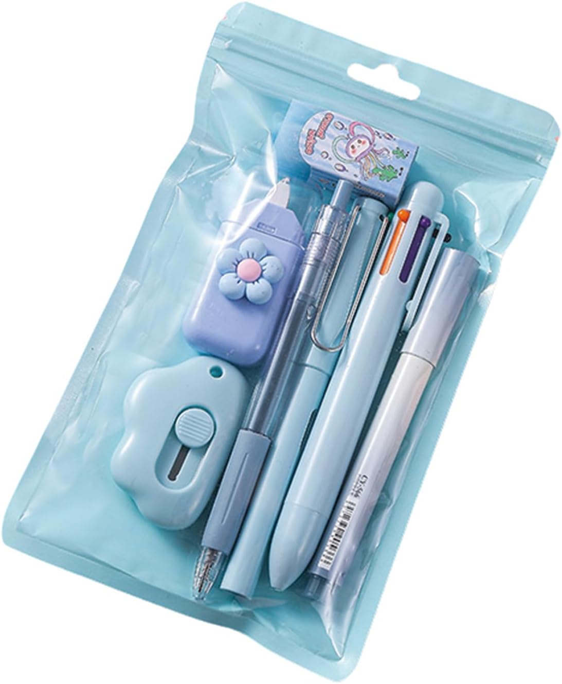 7 Pcs Cute Blue Stationery Set Kawaii School Supplies Office Supplies Including Ballpoint Pens Pencil Sharpener Highlighter Correction Tape Ruler Utility Knife (Blue)