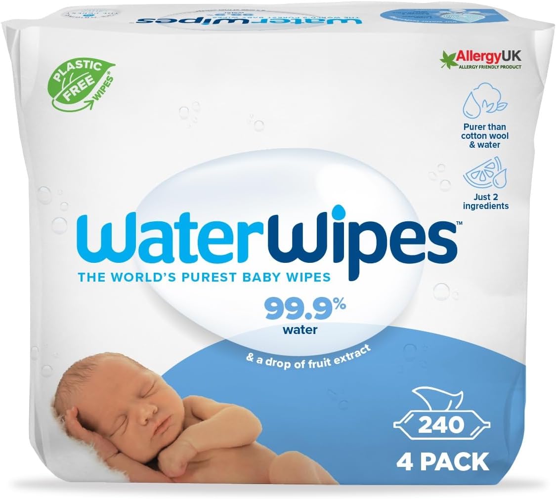 WaterWipes Original Baby Wipes, 240 Count (4 Packs), 99.9% Water-Based Wipes, Unscented, For Sensitive Skin, Packaging May Vary