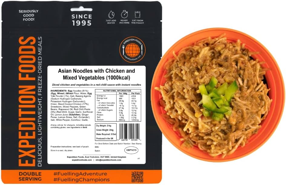 EXPEDITION FOODS Asian Noodles with Chicken and Mixed Vegetables (Double Serving / 1000KCAL) | Freeze-Dried Camping & Hiking Food