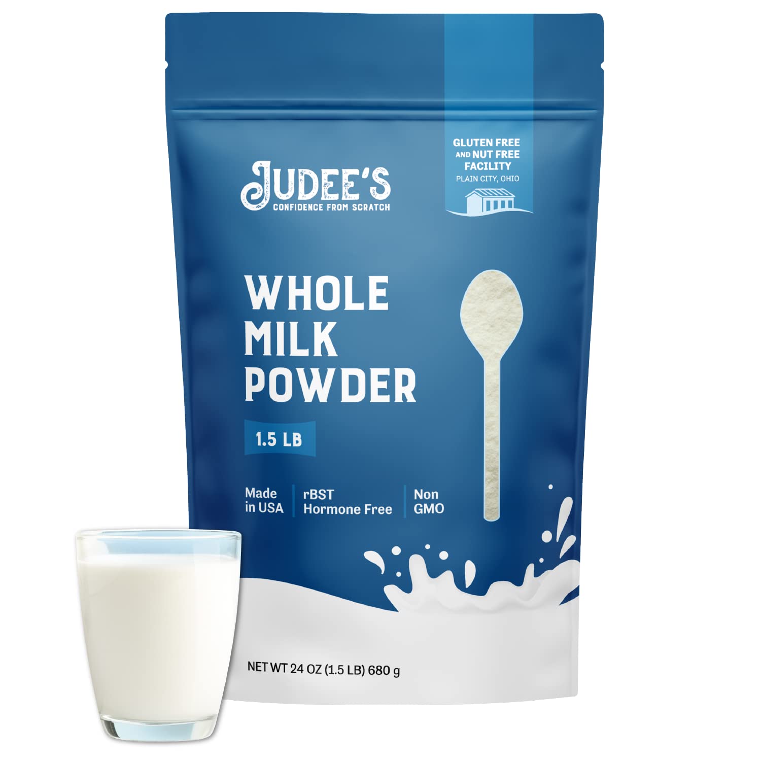 Judee's Gluten Free Pure Whole Milk Powder - Non-GMO, No rBST Hormones, Gluten-Free, Nut-Free - Pantry Staple, Baking Ready, Easy to Store & Shelf Stable - Made in USA - 1.5 lb (24oz) Powdered Milk