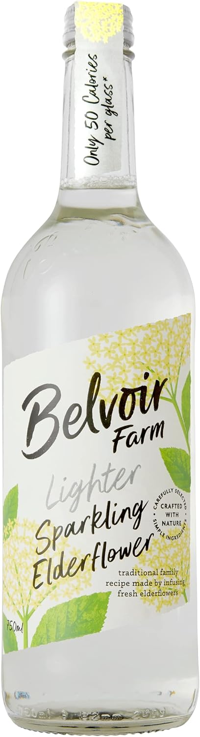 Belvoir Farm Lighter Sparkling Elderflower - Hand Picked Elderflowers | 30% Less Sugar only 50 Calories | 100% Natural Ingredients | Suitable for Vegetarians & Vegans - 6 x 750ml Bottles