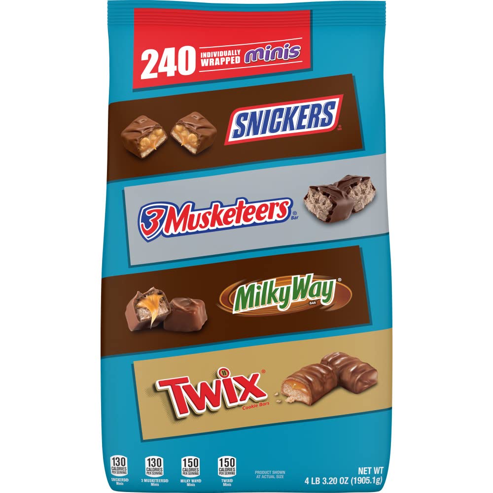 SNICKERS, TWIX, 3 MUSKETEERS & MILKY WAY Individually Wrapped Variety Pack Minis Chocolate Candy Bars Bulk Assortment, 67.2 oz Bag