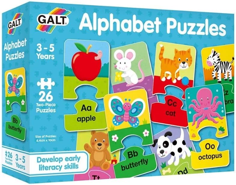 Galt Alphabet Puzzles - Fun and Colourful Early Learning 2 Pc Jigsaw Puzzles - Set of 26 Two Piece Puzzles for Kids - Develop Letter Recognition and Matching Skills - Children Ages 3 to 5 Years Old