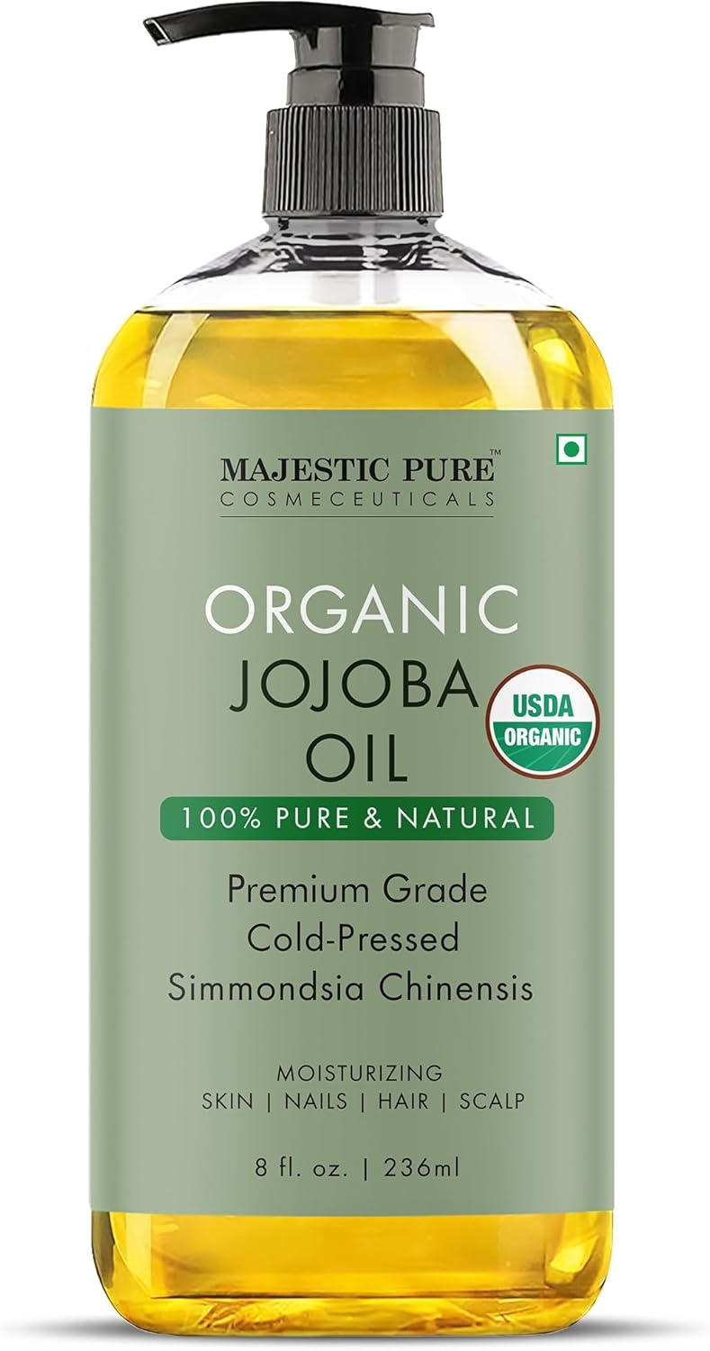 MAJESTIC PURE Organic Jojoba Oil - 100% Pure Cold Pressed Hexane Free for Skin, Hair, Nails - 8 Fl Oz
