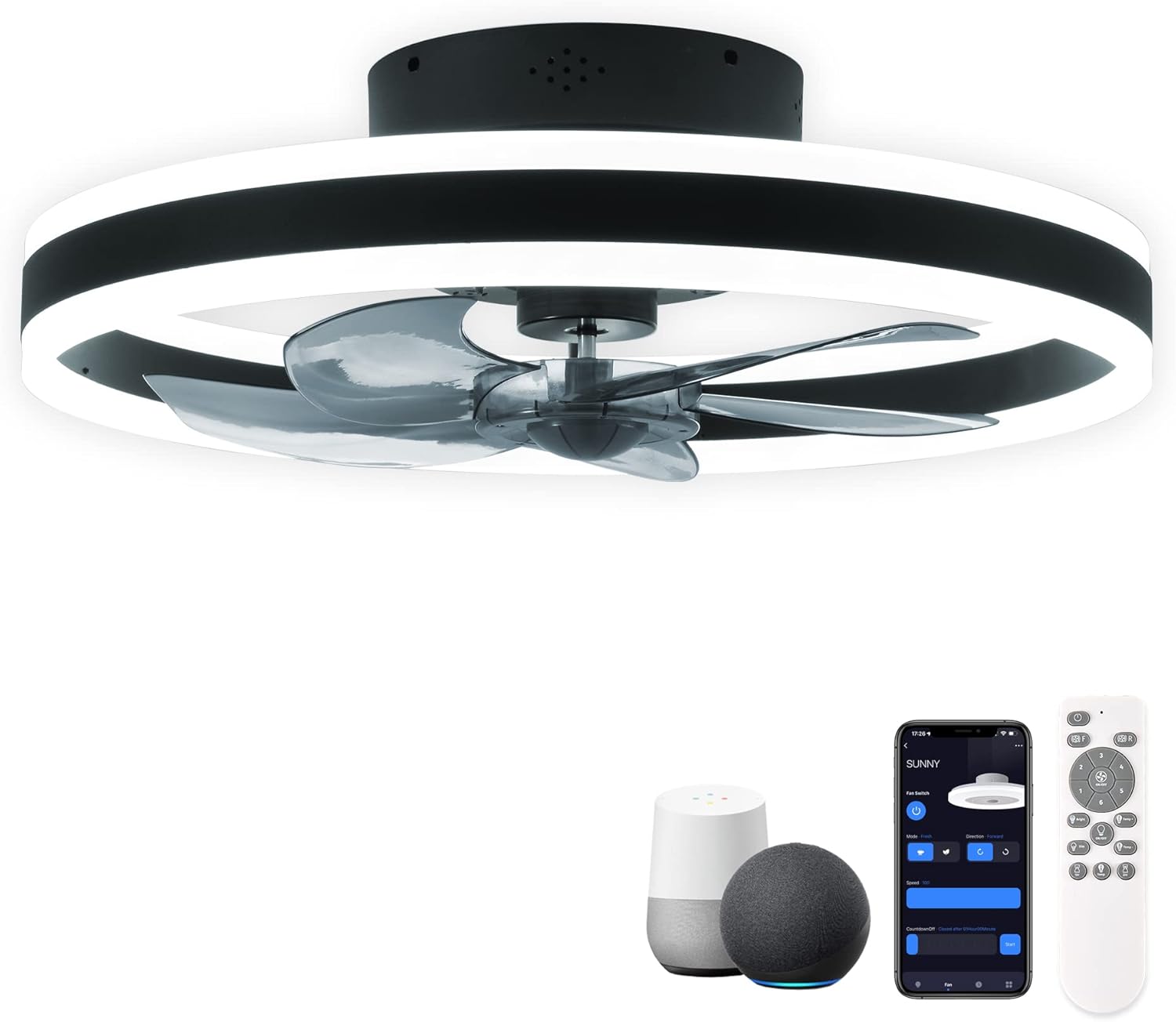 CHANFOK Smart Ceiling Fans with Lights Compatible with Alexa and Google Assistant 20", Low Profile Ceiling Fan with Light and Remote & APP Control, 6-Speed Reversible Blades (Black)