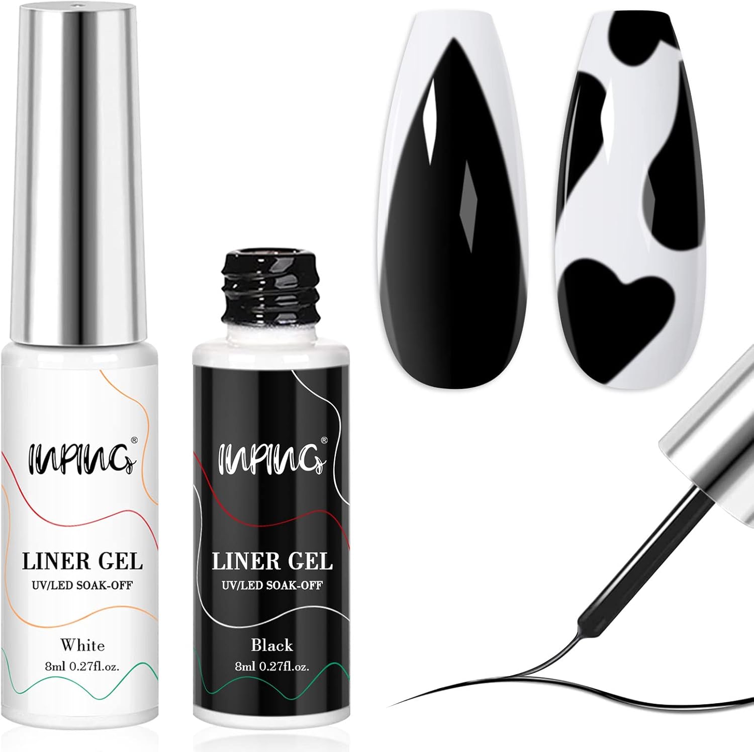 INPING Nail Art Liner Gel Polish, 2 Basic Colors Black White Liner Painted Gel Set Soak-Off UV/LED Nail Varnish Line Pen for Drawing Liner Swirl Nails Salon Nail Art Decoration French Manicure Kit