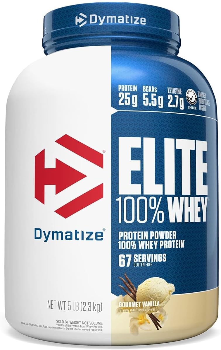 Dymatize Elite 100% Whey Protein Powder, Vanilla, 25g of Protein, 67 Servings, 5.5g BCAAs, Less Than 140 Cal., Gluten Free, 2g Carb, 2g Sugar, 3g Fat