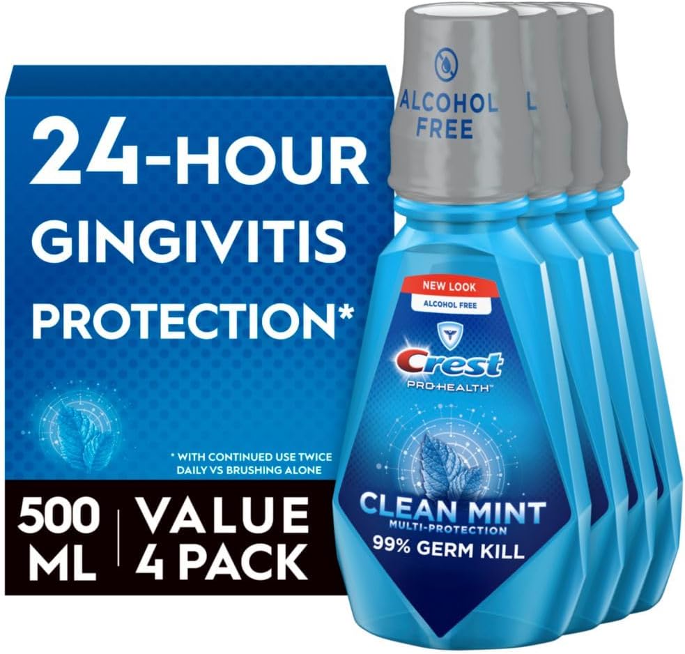 Crest Pro-Health Clean Mint Mouthwash, CPC Antigingivitis/Antiplaque Mouthwash, 500 mL (16.9 Fl Oz ), Pack of 4, Crest Mouthwash, Gingivitis Treatment