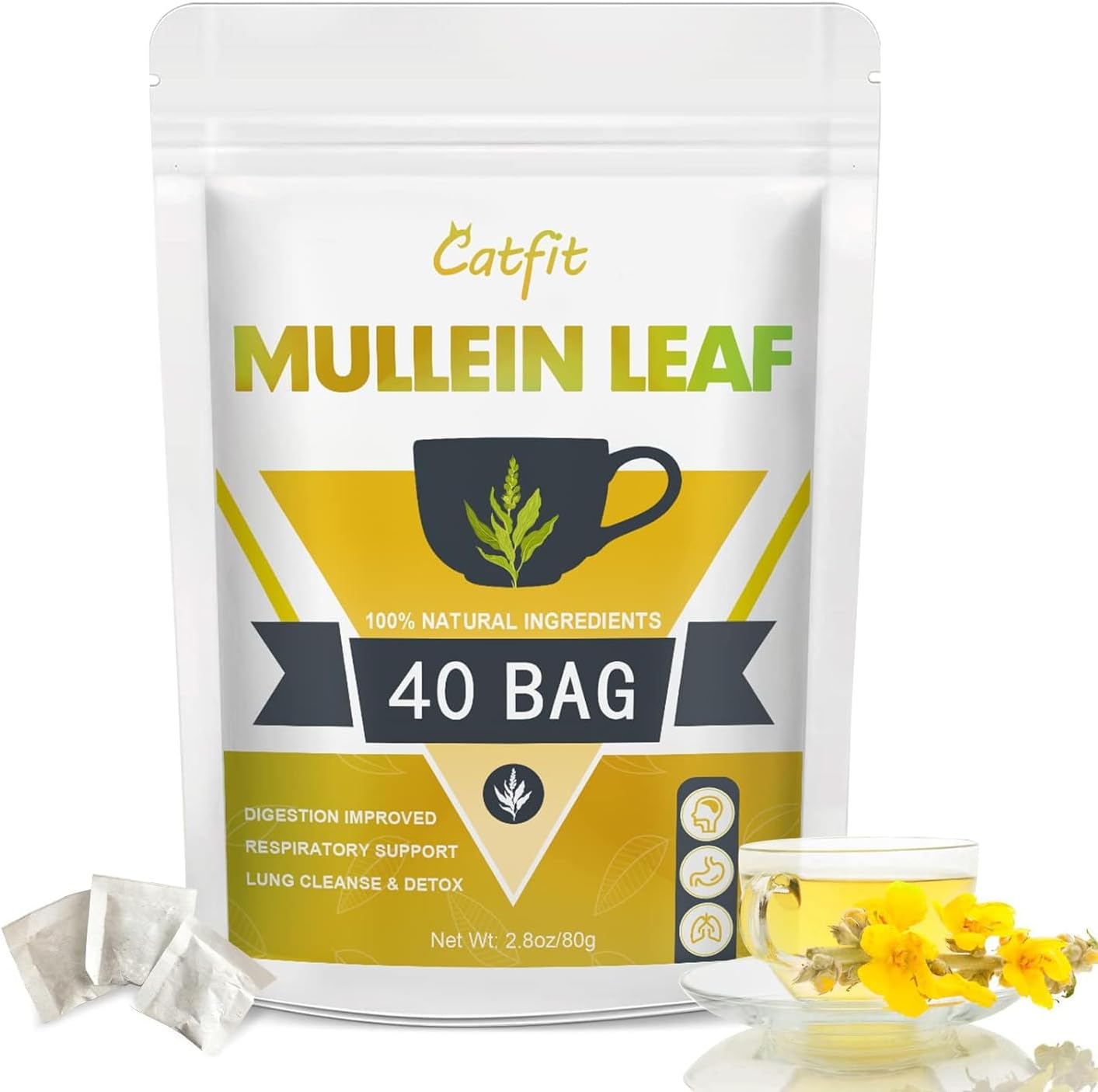 Mullein Leaf Herbal Tea, Mullen Tea for Respiratory, Lung Cleanse, Iymphatic Cleanse & Detox, Immune Support, Non-GMO, No Caffeine, 40 Tea Bags