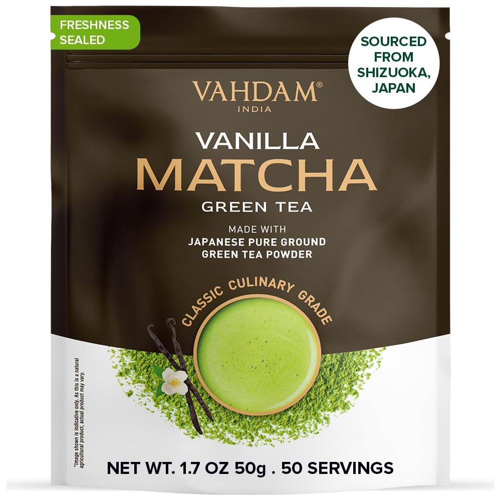 VAHDAM, Vanilla Matcha Green Tea Powder - 1.76oz | Pure Madagascar Vanilla + Premium Authentic Japanese Matcha | Hot or Iced - Vegan & Gluten-Free
