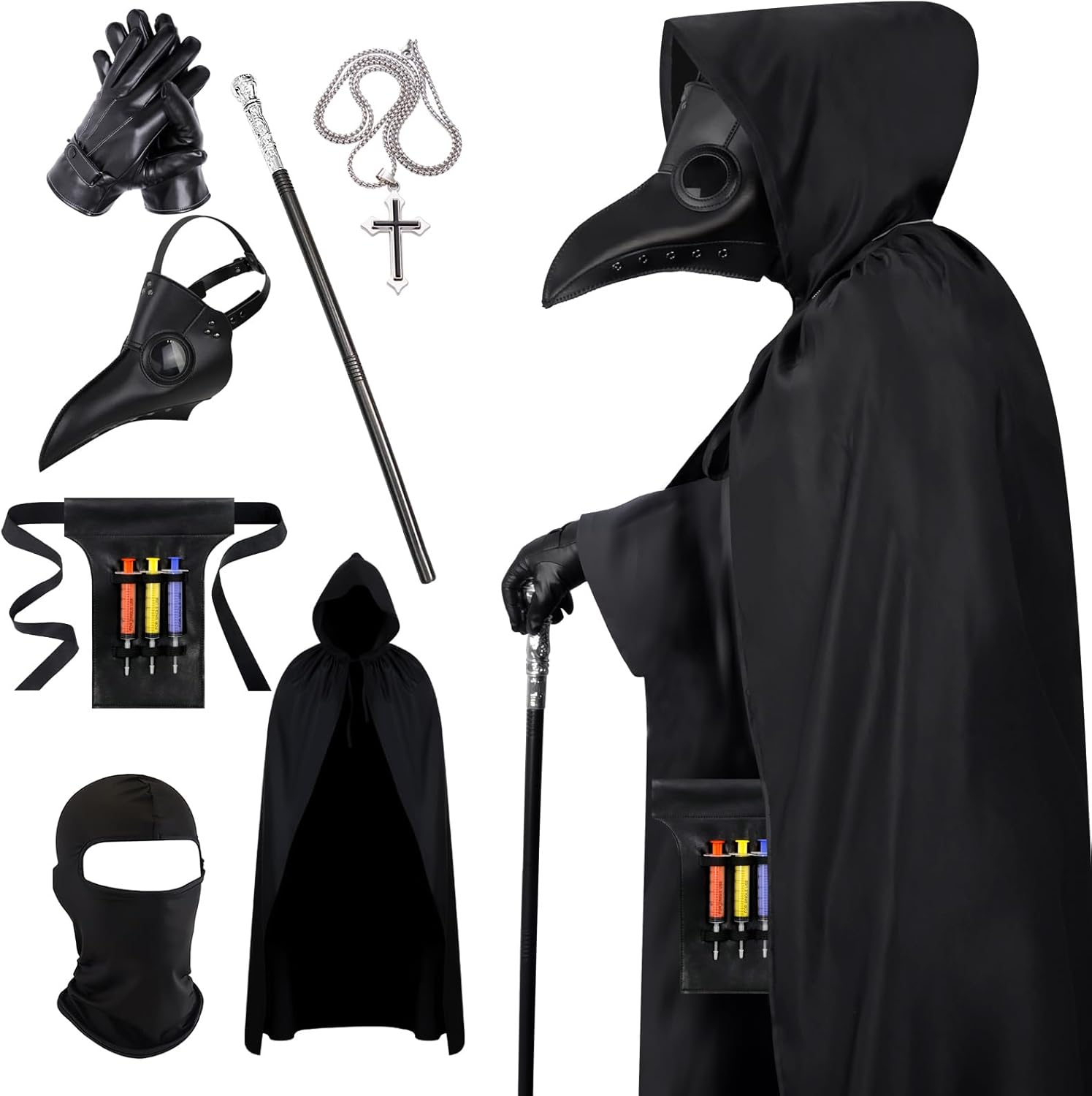 Scary Halloween Costumes for Women or Men, Renaissance Dress Plague Doctor Mask, Plague Doctor Costume 8 Piece Set