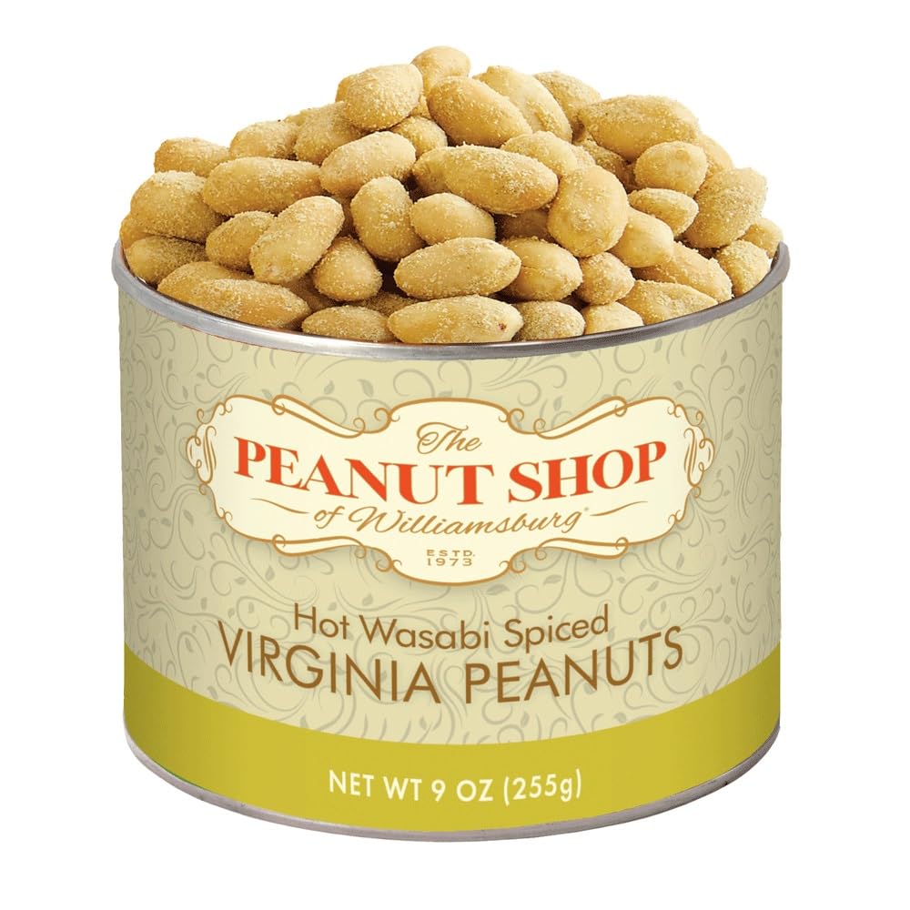 The Peanut Shop of Williamsburg Wasabi Spiced Virginia Peanuts, Extra Large Salted Williamsburg Va Peanuts with Japanese Horseradish, Kosher Certified - 9 oz Tin