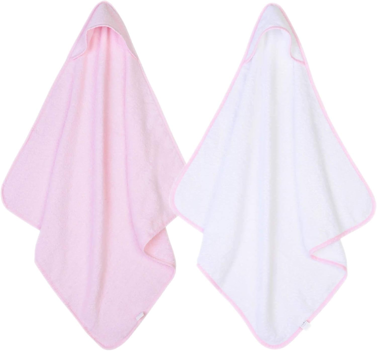 2 x Hooded Baby Towel Soft 100% Cotton Bath Wrap Pack of Two Towels, Pink & White