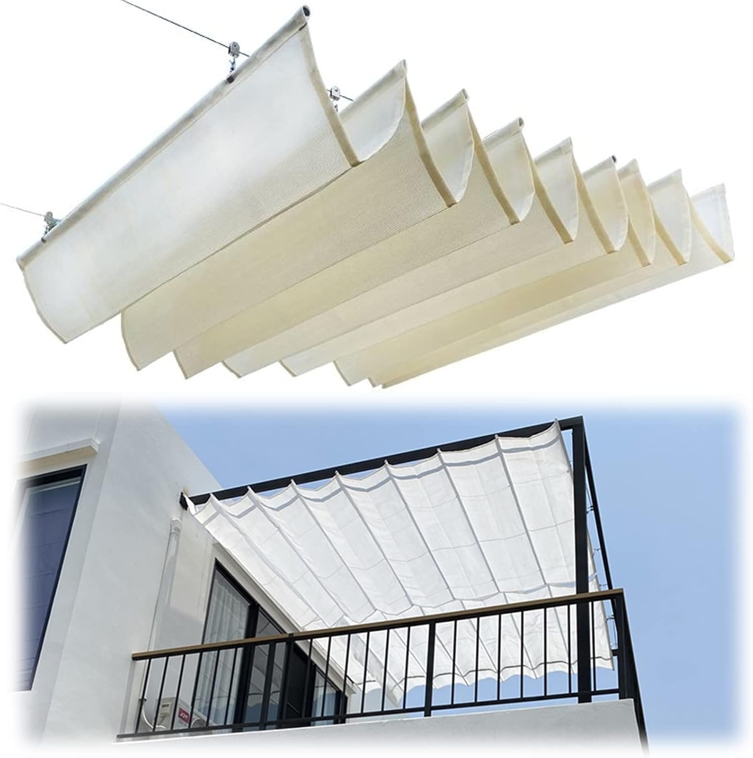 U Shape Wave Sail,Light Filter Sun Shade Sail,Retractable Wave Shade Sail Awning,Breathable Wave Sun Shade Net,Shade Cover Kit,70% Shade Rate,for Outdoor Pool,White (1.1x13m/3.6x42ft)