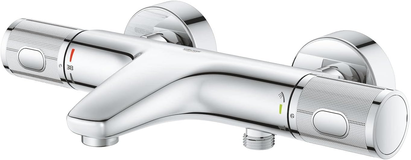 GROHE Precision Feel – Wall Mounted Exposed Thermostatic CoolTouch Bath Mixer (Diverter Bath/Shower, Knurl Grip, Safety Button at 38°C, EcoButton, Metal Escutcheon), Size 313 x 173mm, Chrome, 34788000