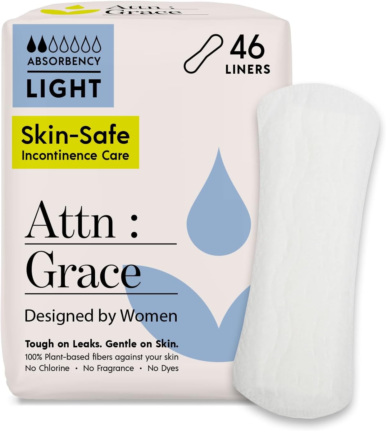 Attn: Grace Panty Liners for Women - 46 Liners – for Light Urinary Incontinence, Bladder Leakage or Postpartum - 100% Breathable & Plant-Based Materials Active Odor Control - Free from Harsh Chemicals