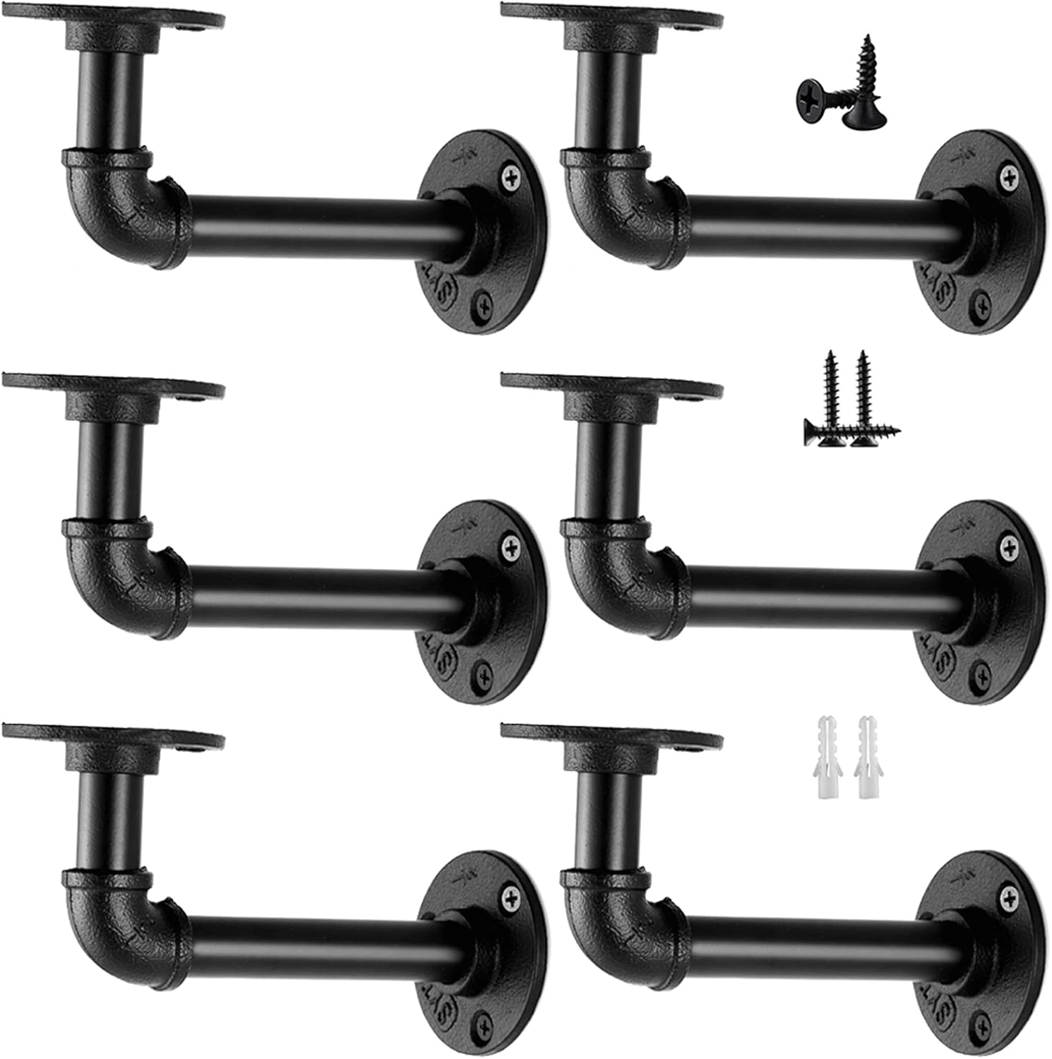 Industrial Pipe Shelf Brackets for 8 10 12 14 inches Board, Iron L Pipe Floating Shelf Bracket Heavy Duty Metal Shelving Brackets for Shelves- 6 Pack Black