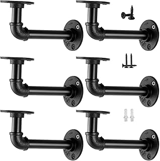 Industrial Pipe Shelf Brackets for 8 10 12 14 inches Board, Iron L Pipe Floating Shelf Bracket Heavy Duty Metal Shelving Brackets for Shelves- 6 Pack Black