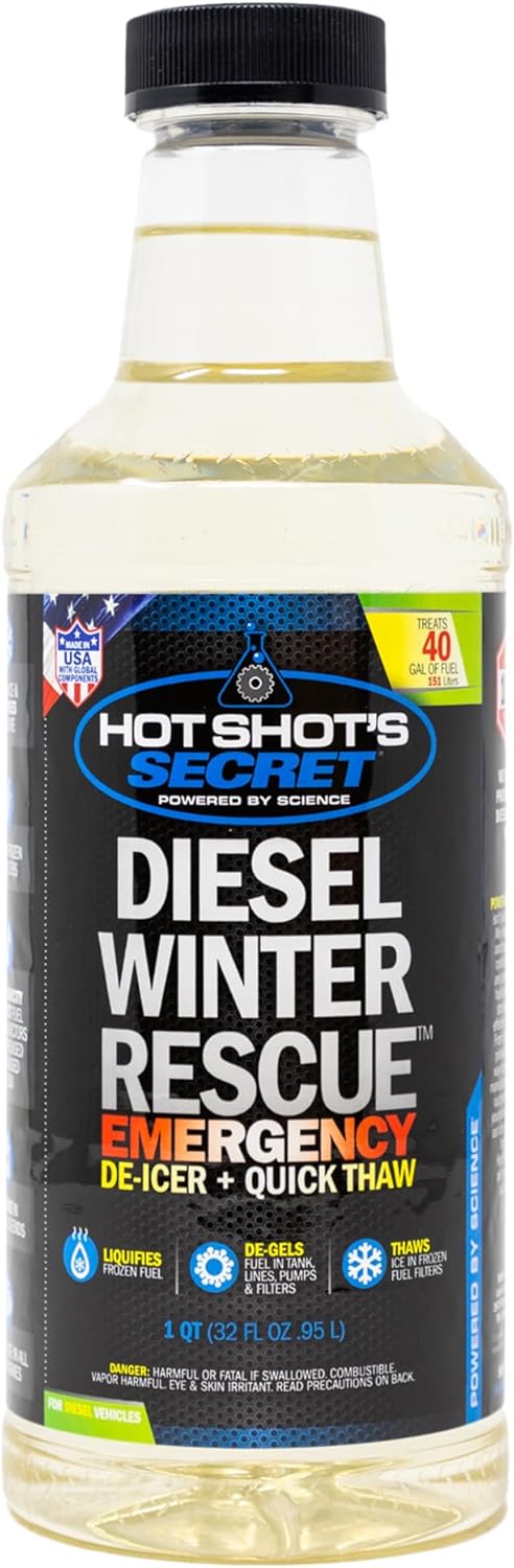 Hot Shot's Secret Diesel Winter Rescue Emergency De-icer & Quick Thaw 1 Quart Bottle, Diesel Anti-Gel Fuel Additive Disperses Moisture & De-ices Fuel in Filters, Lines, Pumps & Tank