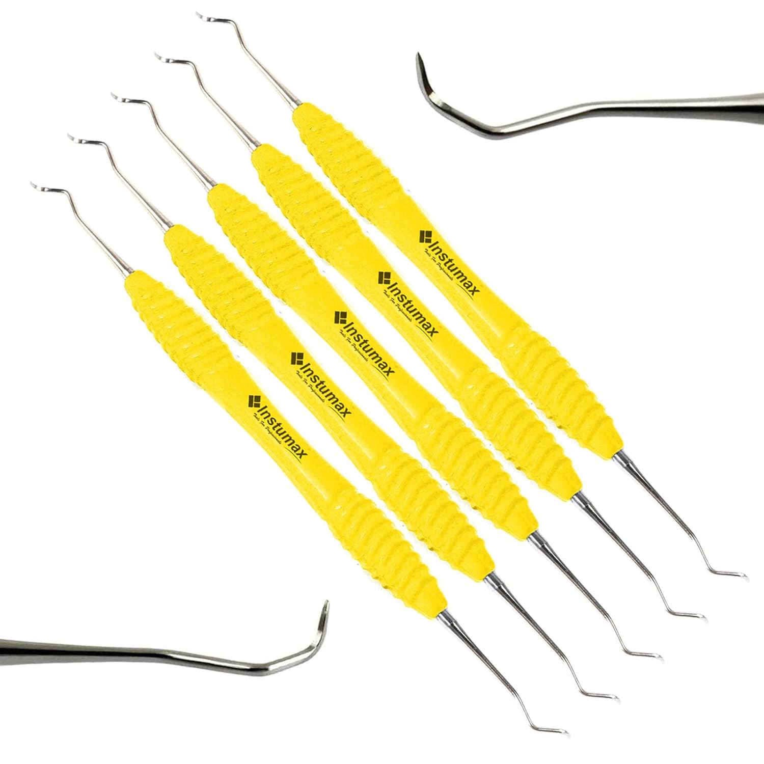 5Pcs Dental Sickle Scaler 204S - Professional Supragingival Calculus Removal Tool for Posterior Teeth - Silicone Rings Handle Yellow, Fine Point, Autoclavable - Hygienist & Dentist Supplies