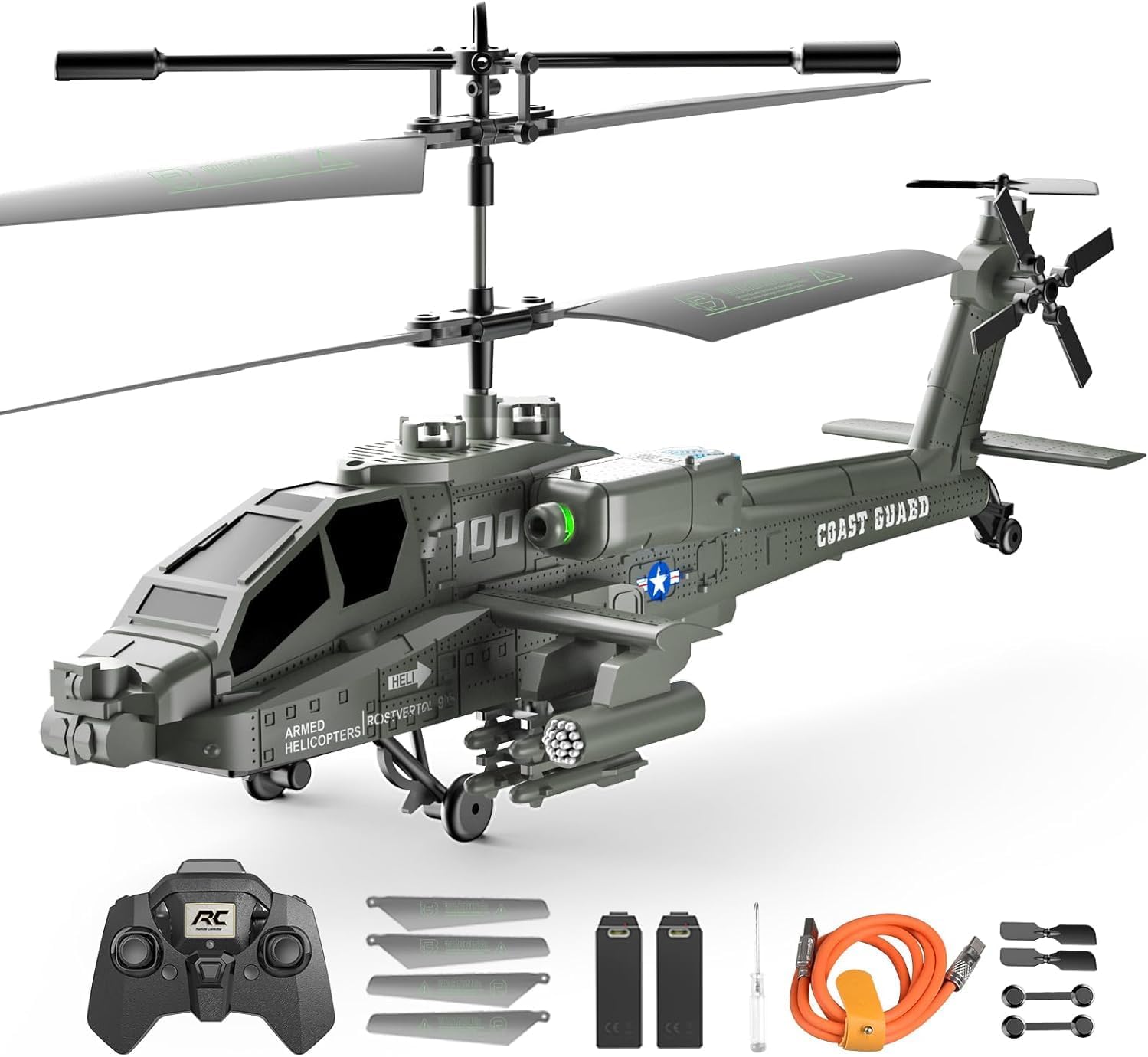 XIKOTEC Remote Control Military Flying Helicopter Toy, 2.4GHz, 3.5 Channels Helicopter with Gyro & LED Light, Altitude Hold, RC Helicopters for Kids Adults Beginner (Green)