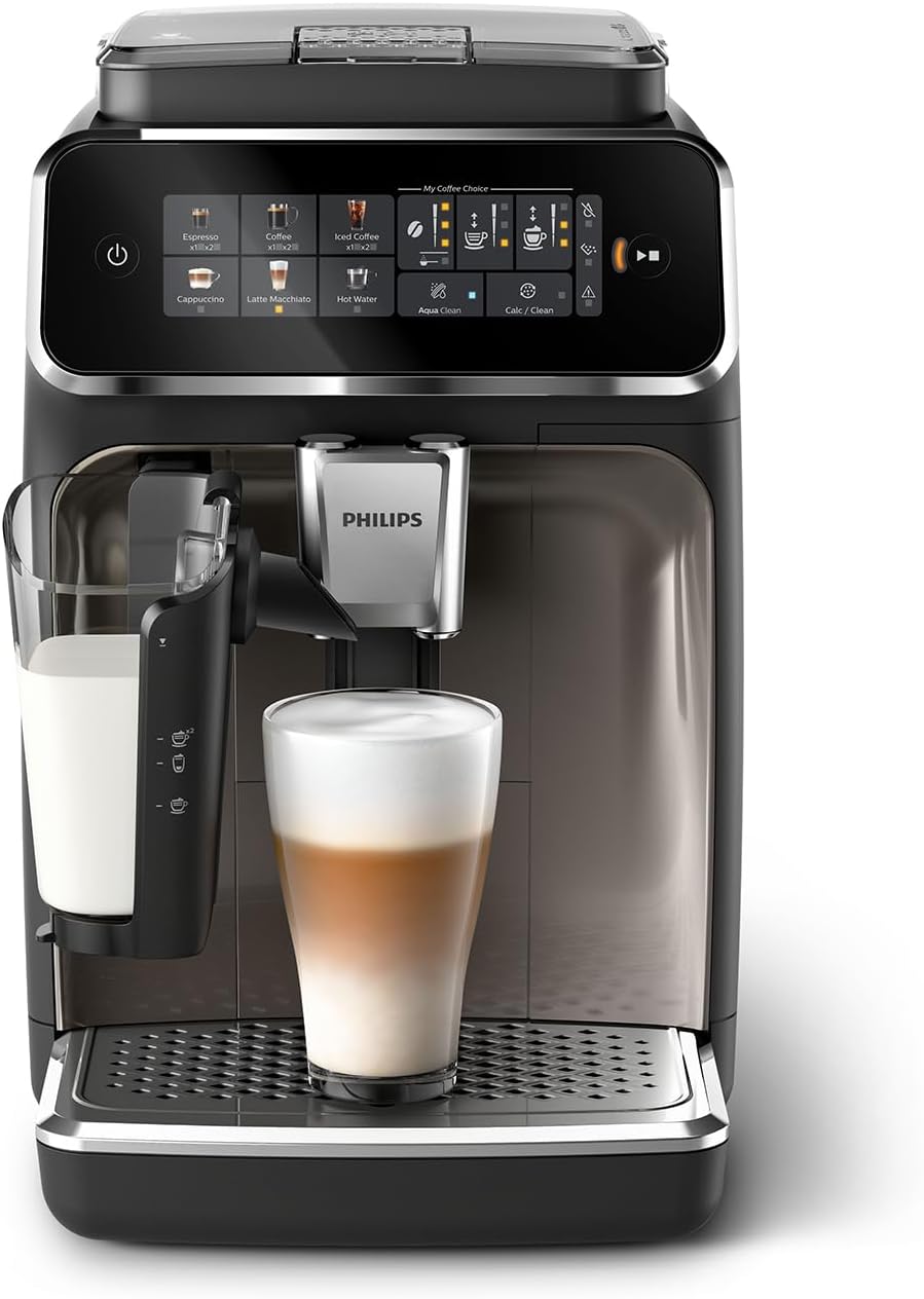 Philips 3300 Series Fully Automatic Espresso Machine - 6 Beverages, Modern color touch screen display, LatteGo milk system, SilentBrew, 100% Ceramic Grinder, AquaClean Filter, Black Chrome (EP3347/90)