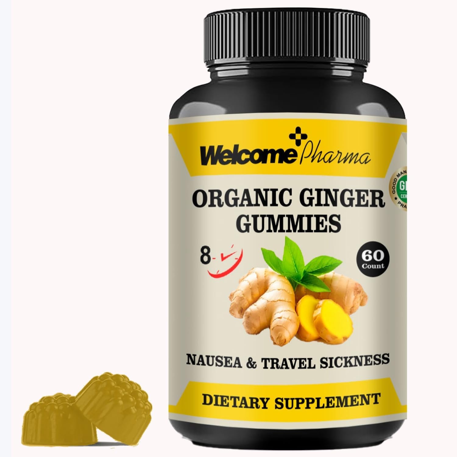 Welcome Pharma Sugar-Free Soothing Ginger Gummies for Nausea & Travel Sickness Relief — 8-Hour Support, Natural Digestive Aid, Anti-Nausea & Motion Sickness Ginger Chews, Supplement, Vegan (60 Count)