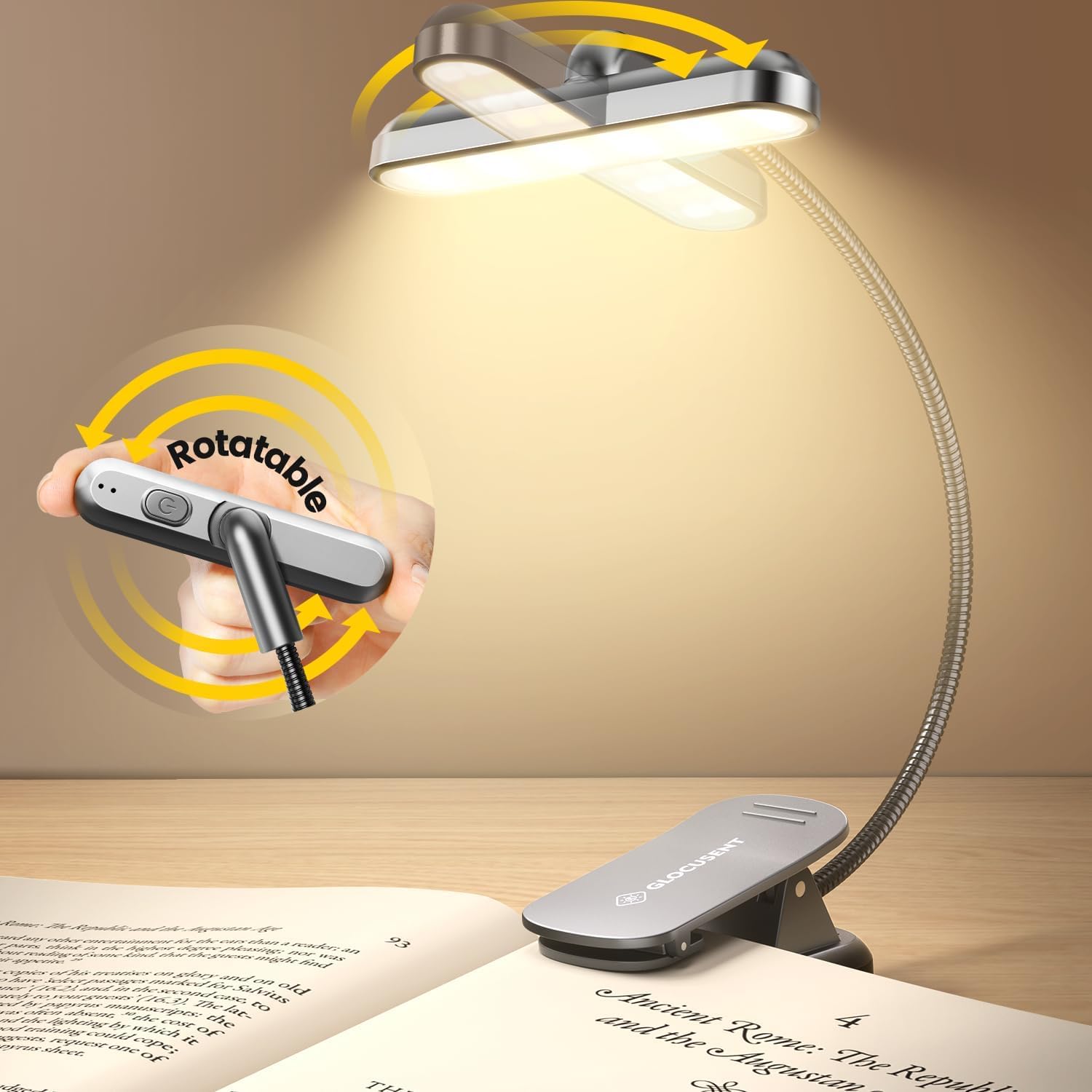 Glocusent Rotatable Book Light for Reading in Bed with 22 LED, 5 Brightness Reading light with Timer, Stepless Dimming & Color Adjust, 1000mAh Rechargeable Clip on Light, up to 100hrs, for Book Lovers