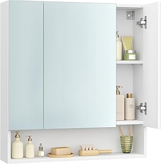 VASAGLE Medicine Cabinet Mirror, Bathroom Mirror with Storage, Bathroom Mirror Cabinet, Wall Mirror Cabinet, Open Compartment, Adjustable Shelves, 6.5 x 27.6 x 29.5 inches, Cloud White UBBK129W01